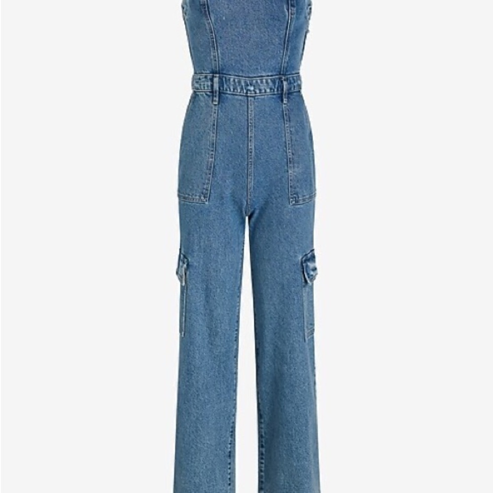 Express Strapless Wide Leg Cargo Denim Jean Jumpsuit Womens 12 Light Blue Wash - Picture 5 of 14